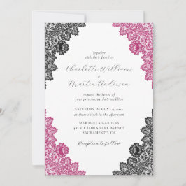 Elegant Hot Pink and Black Floral Lace Wedding Kaart