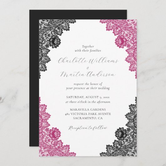 Elegant Hot Pink and Black Floral Lace Wedding Kaart (Voorkant / Achterkant)