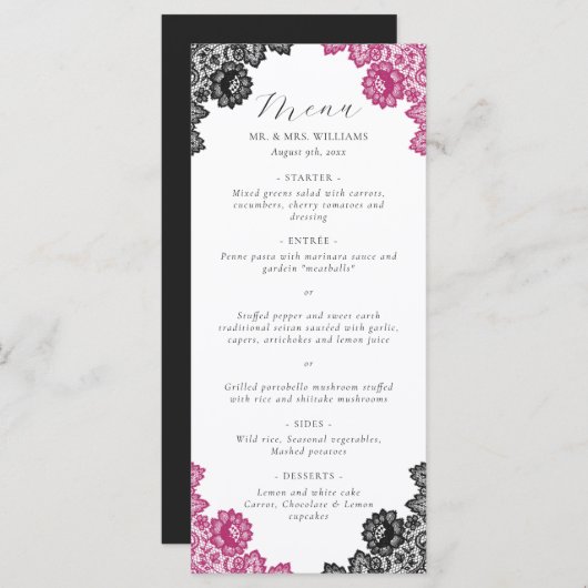 Elegant Hot Pink and Black Floral Lace Wedding Menu (Voorkant / Achterkant)