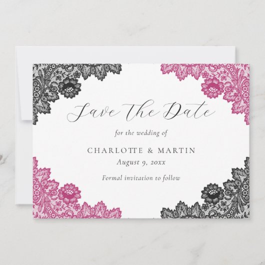 Elegant Hot Pink and Black Floral Lace Wedding Save The Date (Voorkant)