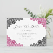Elegant Hot Pink and Black Floral Lace Wedding Save The Date (Staand voorkant)
