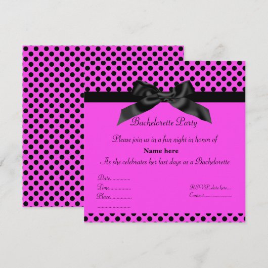 ELEGANT HOT PINK BLACK BOW BACHELORETTE INVITE KAART (Voorkant / Achterkant)