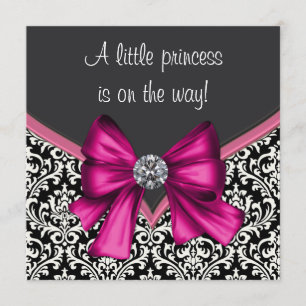 Elegant Hot Pink Black Damask Princess Baby shower Kaart