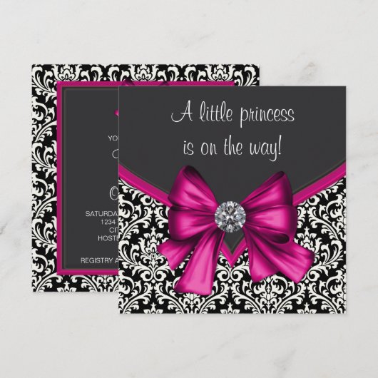 Elegant Hot Pink Black Damask Princess Baby shower Kaart (Voorkant / Achterkant)