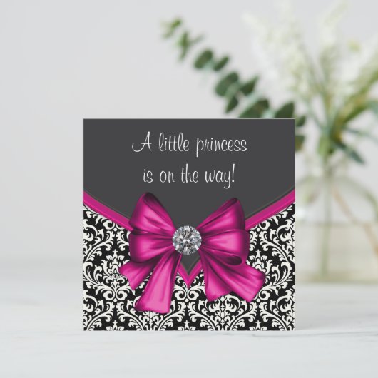 Elegant Hot Pink Black Damask Princess Baby shower Kaart (Staand voorkant)
