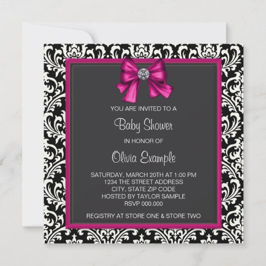 Elegant Hot Pink Black Damask Princess Baby shower Kaart (Achterkant)