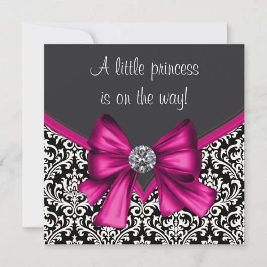 Elegant Hot Pink Black Damask Princess Baby shower Kaart (Voorkant)