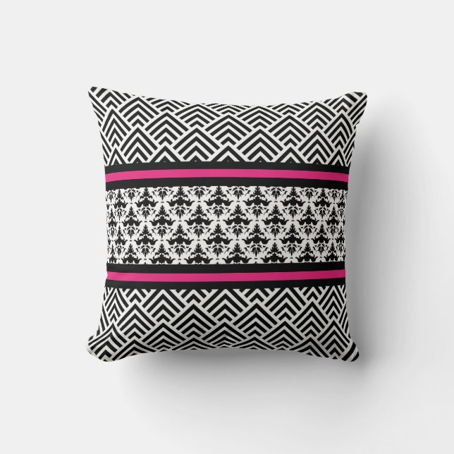 Elegant Hot Pink, Black en White Chevron Modern Kussen (Voorkant)