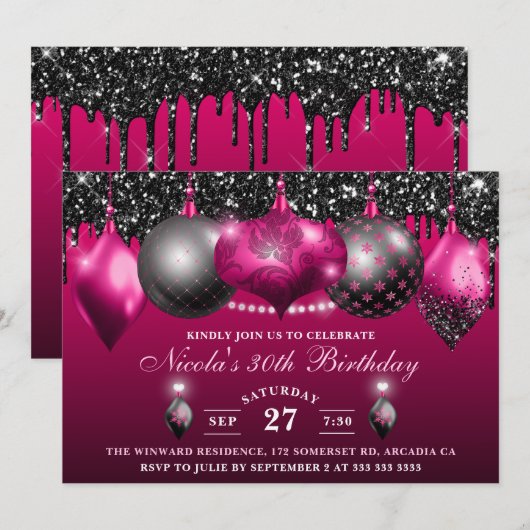 Elegant Hot Pink & Black Glitter Baubles Birthday Kaart (Voorkant / Achterkant)