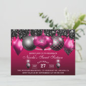 Elegant Hot Pink & Black Glitter Baubles Sweet 16 Kaart (Staand voorkant)
