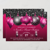 Elegant Hot Pink & Black Glitter Baubles Sweet 16 Kaart (Voorkant / Achterkant)