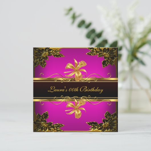 Elegant Hot Pink Black Gold Birthday Party Kaart (Staand voorkant)