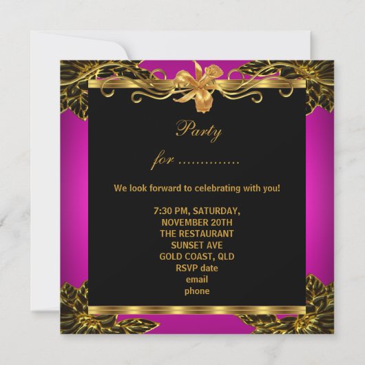 Elegant Hot Pink Black Gold Birthday Party Kaart (Achterkant)