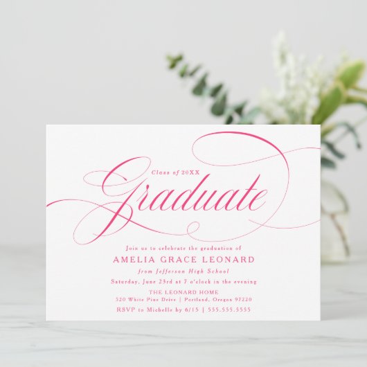 Elegant Hot Pink Calligraphy Graduation Party Kaart (Staand voorkant)