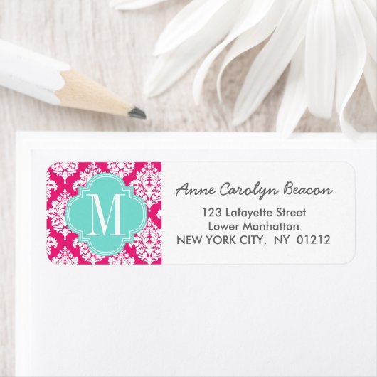 Elegant Hot Pink Damask gepersonaliseerd Etiket (Insitu)