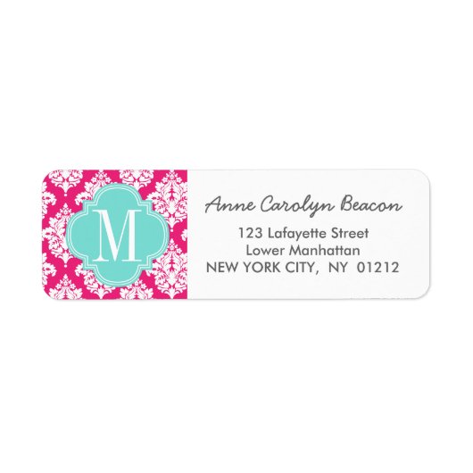 Elegant Hot Pink Damask gepersonaliseerd Etiket (Voorkant)