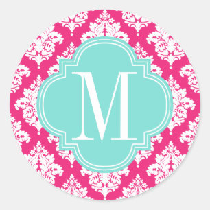 Elegant Hot Pink Damask gepersonaliseerd Ronde Sticker