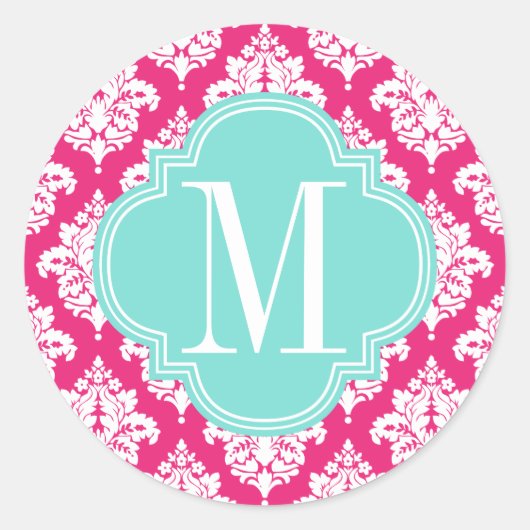 Elegant Hot Pink Damask gepersonaliseerd Ronde Sticker (Voorkant)