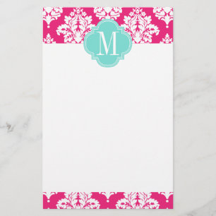 Elegant Hot Pink Damask op persoonlijke titel Briefpapier