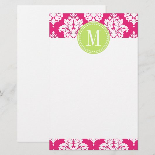 Elegant Hot Pink Damask op persoonlijke titel Briefpapier (Voorkant / Achterkant)