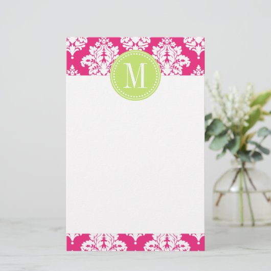 Elegant Hot Pink Damask op persoonlijke titel Briefpapier (Staand voorkant)