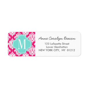 Elegant Hot Pink Damask op persoonlijke titel Etiket