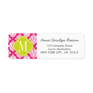 Elegant Hot Pink Damask op persoonlijke titel Etiket