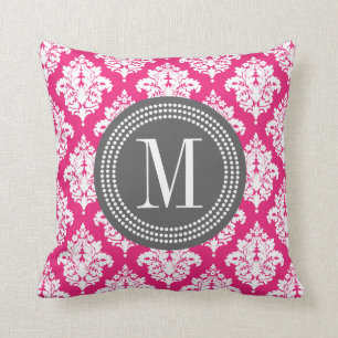 Elegant Hot Pink Damask op persoonlijke titel Kussen
