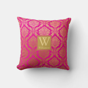 Elegant Hot Pink en Gold Damask gepersonaliseerd Kussen