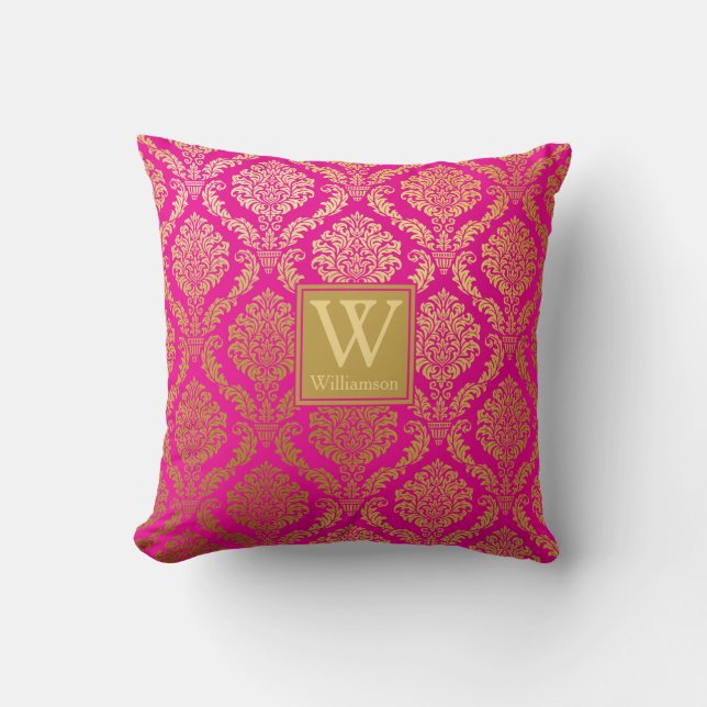 Elegant Hot Pink en Gold Damask gepersonaliseerd Kussen (Voorkant)