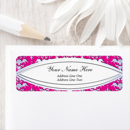 Elegant Hot Pink en Zilver Embossed Damask Etiket (Insitu)