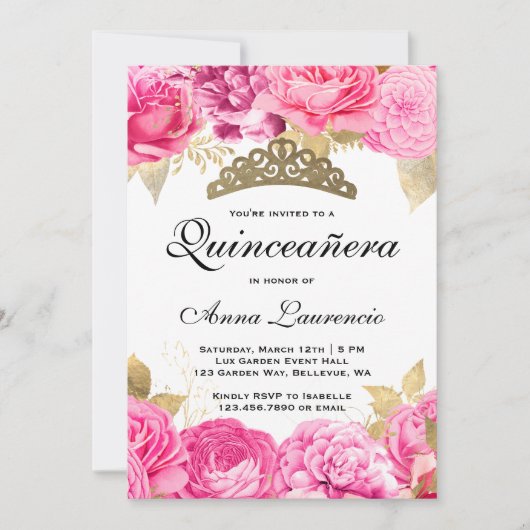 Elegant Hot Pink Floral Quinceanera Kaart (Voorkant)