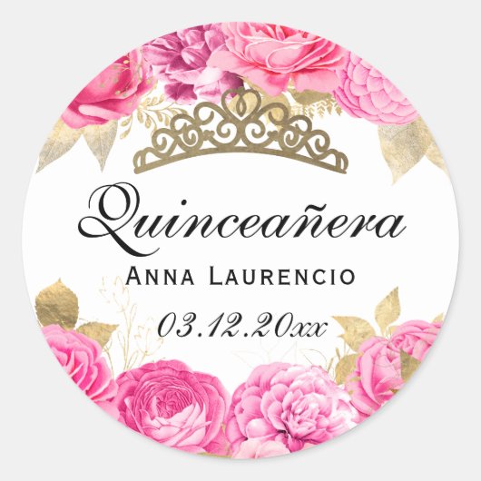 Elegant Hot Pink Floral Quinceanera Ronde Sticker (Voorkant)