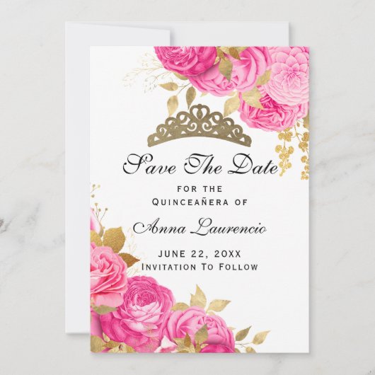 Elegant Hot Pink Floral Quinceanera Save The Date (Voorkant)