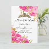 Elegant Hot Pink Floral Quinceanera Save The Date (Staand voorkant)