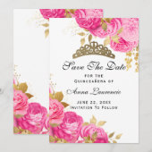 Elegant Hot Pink Floral Quinceanera Save The Date (Voorkant / Achterkant)