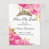 Elegant Hot Pink Floral Quinceanera slaat de datum Briefkaart (Voorkant)