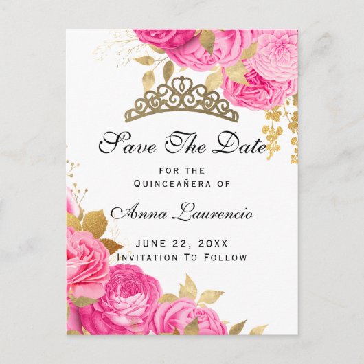 Elegant Hot Pink Floral Quinceanera slaat de datum Briefkaart (Voorkant)
