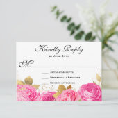 Elegant Hot Pink Floral Rozen RSVP Kaartje (Staand voorkant)