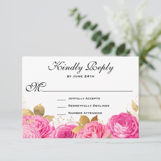 Elegant Hot Pink Floral Rozen RSVP Kaartje (Staand voorkant)