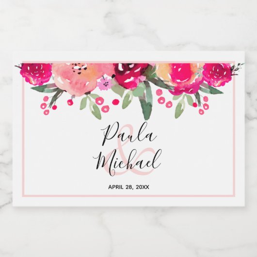 Elegant Hot Pink Floral Waterverf Mini Sparkling Wijnetiket (Enkel label)