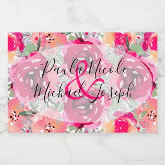 Elegant Hot Pink Floral Waterverf Mini Sparkling Wijnetiket (Enkel label)