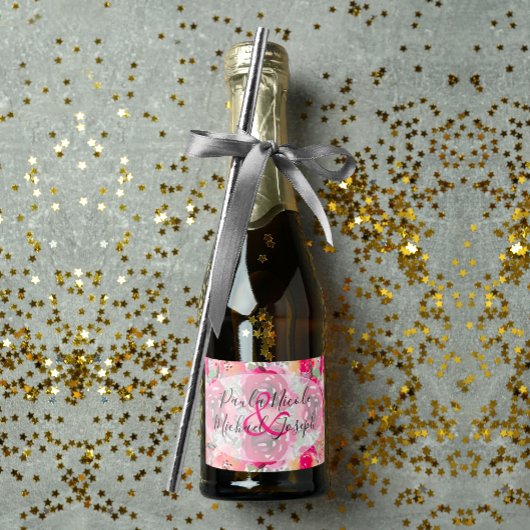 Elegant Hot Pink Floral Waterverf Mini Sparkling Wijnetiket