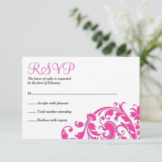 Elegant Hot Pink Flourish Bat Mitzvah RSVP Kaartje (Staand voorkant)