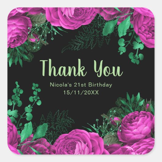 Elegant Hot Pink Flowers Birthday Party Vierkante Sticker (Voorkant)