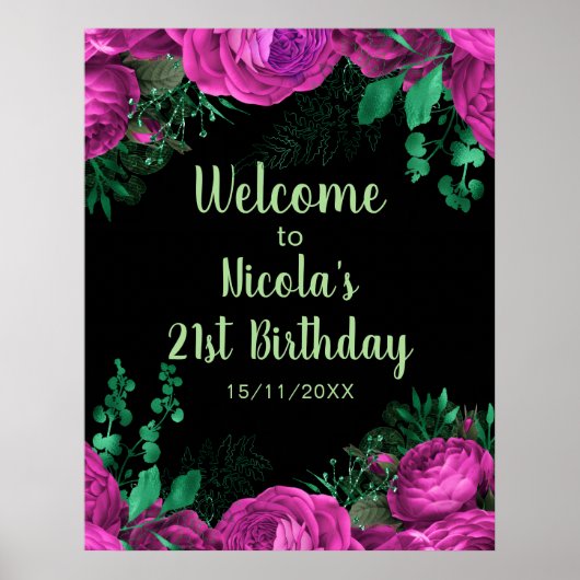 Elegant Hot Pink Flowers Birthday Party Welcome Poster (Voorkant)