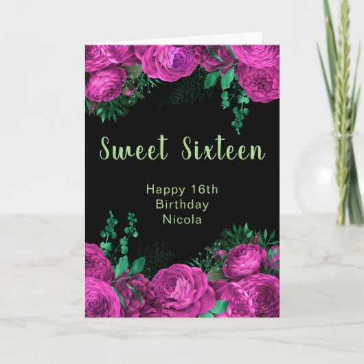 Elegant Hot Pink Flowers Sweet Sixteen Kaart (Voorkant)