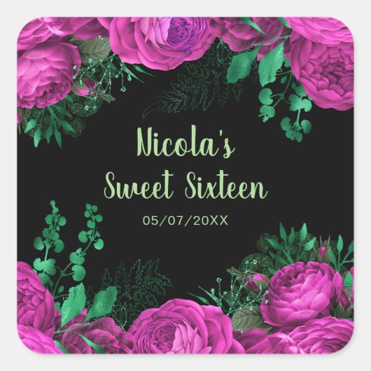 Elegant Hot Pink Flowers Sweet Sixteen Vierkante Sticker (Voorkant)