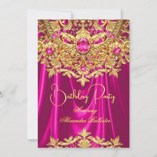 Elegant Hot Pink gems Gold Lace Damask Birthday Kaart (Voorkant)