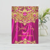 Elegant Hot Pink gems Gold Lace Damask Birthday Kaart (Staand voorkant)